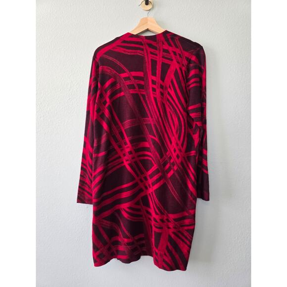 Chico’s Statement Knit Cardigan M – Red Abstract Print Open Front Workwear - Picture 5 of 8